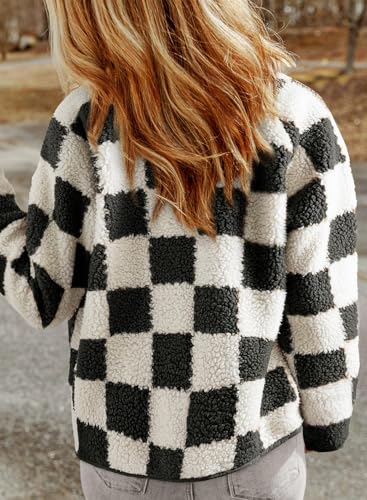 Women Plaid Fleece Jacket 2025 Winter Fall Button Down Long Sleeve Sherpa Coats Checkerboard Outwear with Pockets3