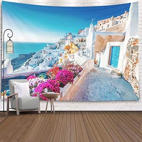 Gesmatic Tapestry, Wall Art Tapestry Big Size Door Tapestry Curtain 92.5 X 70.9 Inch Santorini Greece View Traditional Houses Small Street Flowers Foreground White Tapestry for Living Room Tapestry Cover
