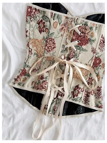 MakeMeChic Women's Floral Strapless Corset Top Vintage Lace Up Bustier Going Out Top3