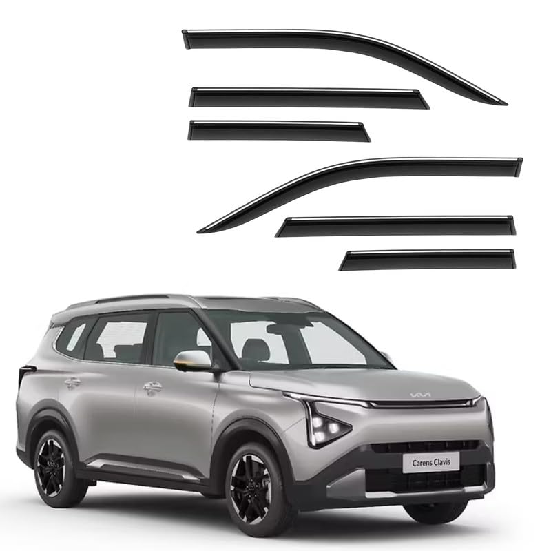 Image of CAR SAAZ Side Door Visors for Carens Clavis (2025-present)(Set of 6Pcs) | Chrome Lined Rain Guards, Polycarbonate, Smoke Finish