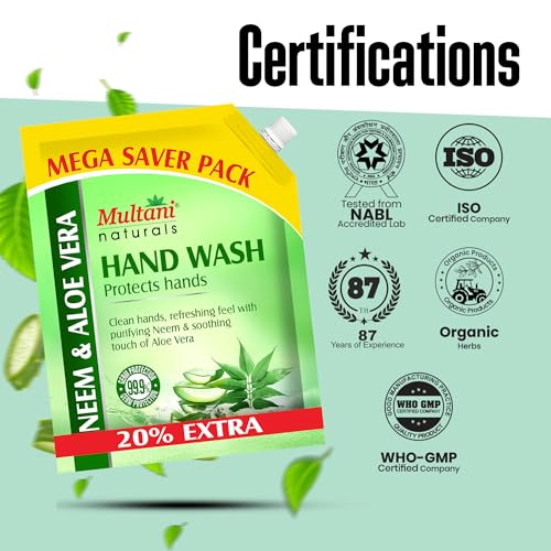 Image of Multani Natural Neem & Aloe Vera Hand Wash Refill + Pump (1200 + 500 ml) | Gentle Hand Cleanser With Natural Ingredients | Moisturizing Hand Wash | 99.9% Germ Protection Liquid Hand Wash