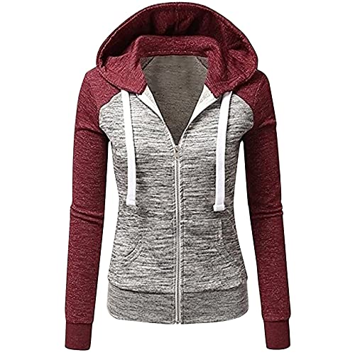 Women's Casual Long Sleeve Hoodies Fashion Lightweight Slim Fit Zip Up Sweatshirts Ladies Pocket Drawstring Blouse Tops Wine #TOP3
