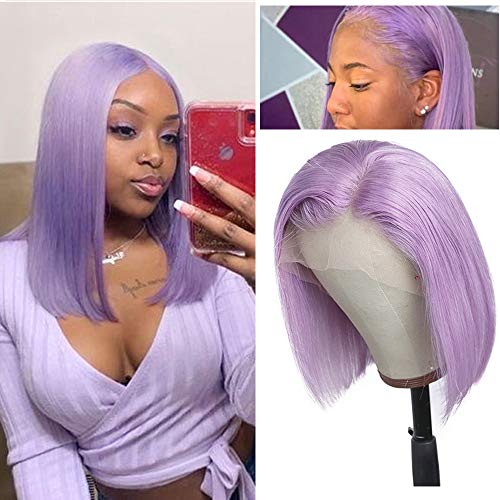 Smavida Lilac Bob wigs T Part Swiss Lace Glueless Virgin Human Hair Straight Pre Plucked 13x1 Lace Wigs 8  150% Density Brazilian Remy Hair Purple Bob Wigs Middle Part for Women(Can be Restyled)