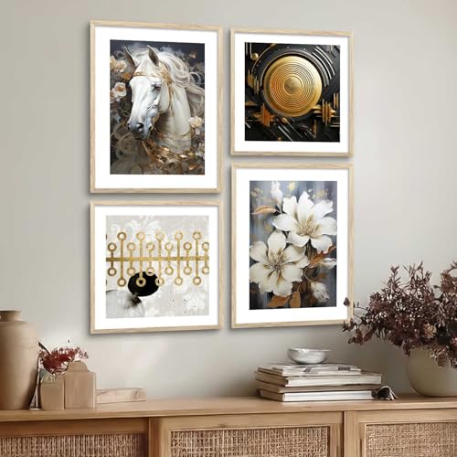 Image of kotart Premium Golden and Black Horse Paintings with Frame for Home Decoration - Modern Art Painting for Living Room Bedroom Office Wall Decoration - Pack of 4 (Art 6, Big (13x17 or 13x13 inch))