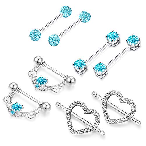 Orazio 4 Pairs 14G Stainless Steel Nipplerings Nipple Tongue Rings Cz Opal Barbell Body Piercing Jewelry Blue #TOP2