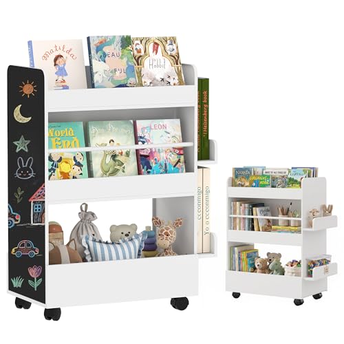AIYAPLAY Bibliothèque pour Enfant avec roulettes, Rangement Livre Enfant avec Tableau Noir, Meuble...
