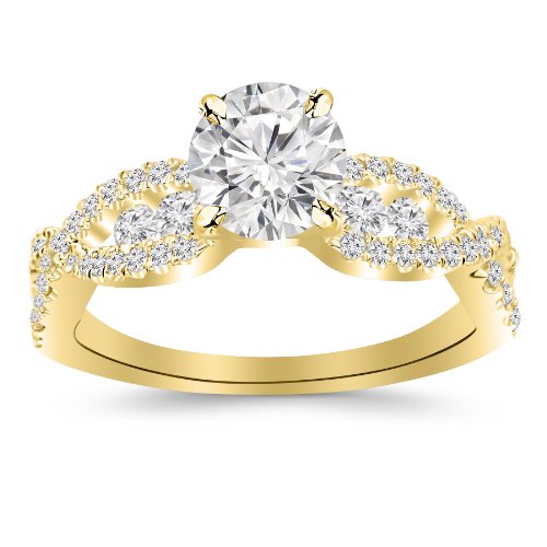 1.05 Carat Designer Twisting Eternity Channel Set Four Prong Diamond Engagement Ring 14K White Gold with a 0.45 Carat F-G I2 Round Brilliant Cut/Shape Center