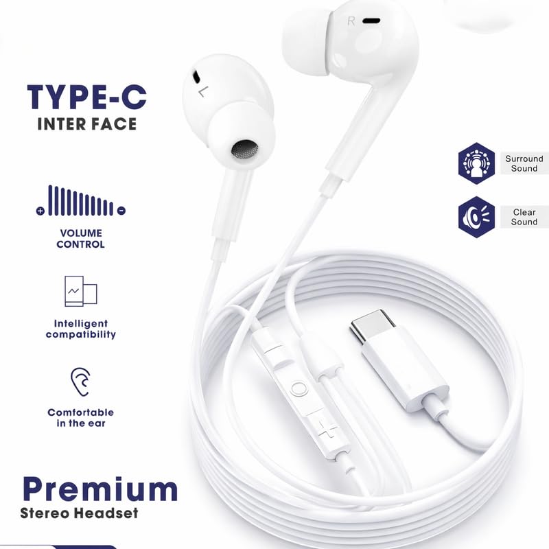 Image of Type C Earphones Compatible with iPhone 16 /16 Plus /16 Pro /16 Pro Max, 15 /15 Plus /15 Pro Max, & Android, Wired Headphones with Mic, Stereo Sound 17 Series, HiFi Stereo Sound