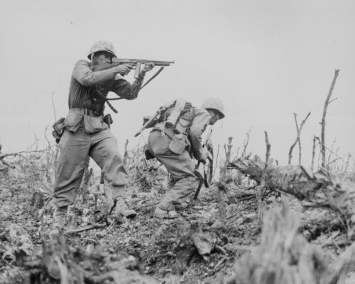 New 8x10 World War II Photo: Marines Exchange Fire, Okinawa