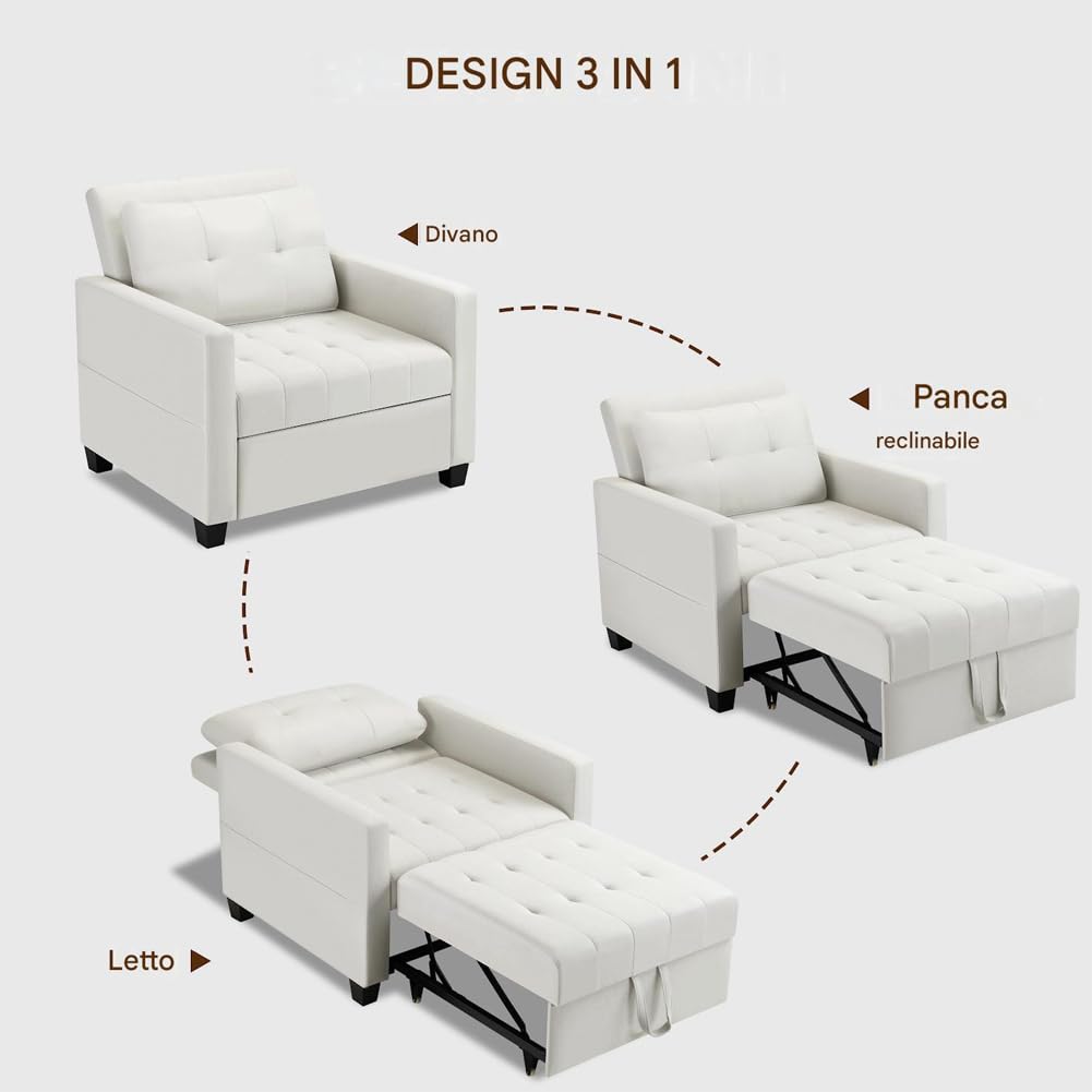 BAKAJI Divano Letto 2 Posti con Rivestimento in Velluto Premium Reclinabile, Imbottitura ad Altissima Densità, Seduta Ergonomica, Apertura Facile, Cuscini per Sollievo Lombare (Beige 1 Posto)