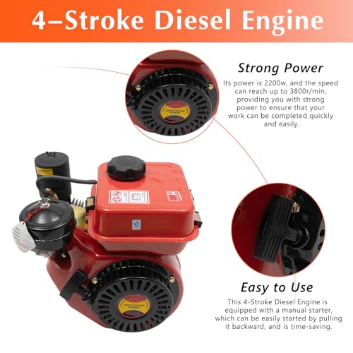Diesel Engine, 4-Stroke Single Cylinder Air-Cooled Diesel Engine 2.2KW Recoil Start System Diesel Motor for Go Kart, Lawn Mower, Power Generator, Wood Splitter (Red) - Image 3