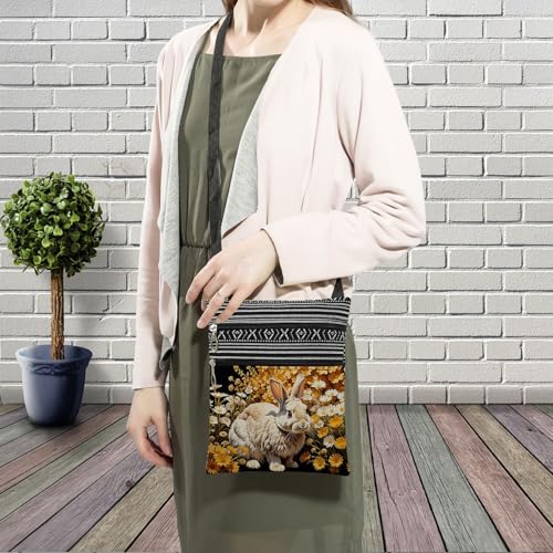 Floral Bunny Messenger Bag Small Ethnic Pattern Printed Adjustable Strap Crossbody Zipper Pouch Floral Bunny Phone Organizer Wallet Cute Shoulder Handbag for Women-33
