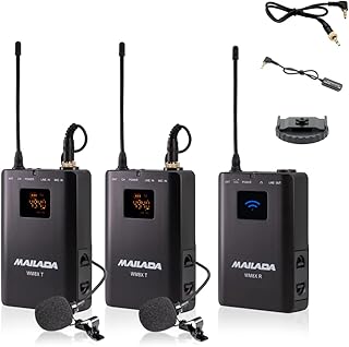 WM8S UHF Wireless Lavalier Microphone Video Camera Microphone with Monitor Function Compatible for DSLR Cameras Camcorders Smartphone for Interview Teaching Yoga Youtube Recording Program Hosting