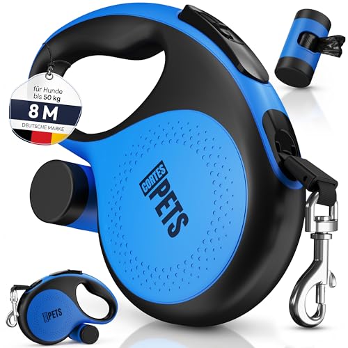 CORTESPETS® Guinzaglio per cani allungabile Retrattile 8m, con sacchetto per escrementi per canii fino a 50 kg, ideale per cani di taglia grande, media e piccola. (Blu, XL - 8m - fino a 50 kg)