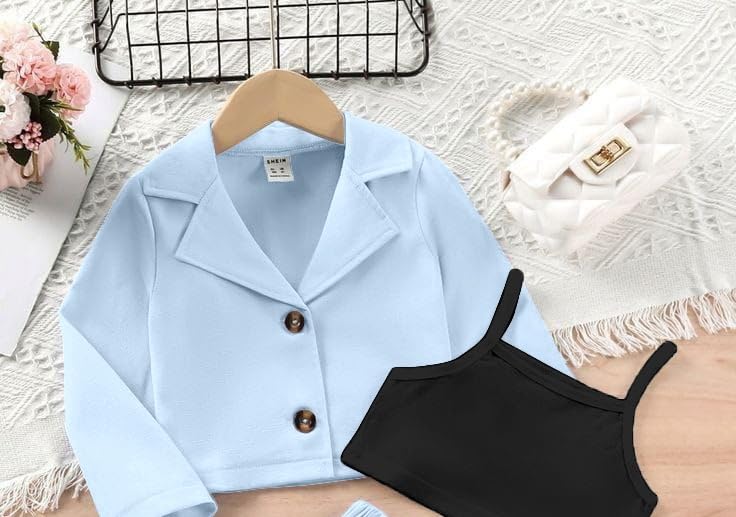 Image of Three Piece Co ord Set Dress for Girls| Jacket Top and Skirt Open Front Suits Set| Girls Clothing Set