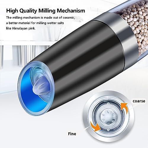 Easycom Gravity Salt And Pepper Mill Set, Battery Powered With Led Light, Adjustable Coarseness, One Hand Automatic Pepper Mill For Kitchen And Bbq, 2 Pack, Black #TOP4