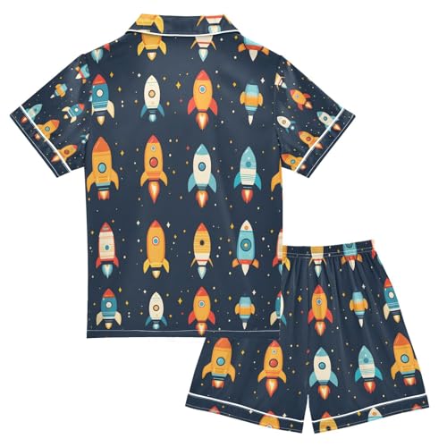 senya Colorful Rocket Cartoon Satin Summer Pajama Sets Silk Short Sleeve Button Down Sleepwear2