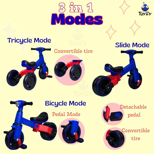 Image of 3-in-1 Toddler Tricycle & Balance Bike for Toddlers 1-3 Years, Easy-Assemble Baby Trike with Silent Wheels, Sturdy Safe Frame, Indoor & Outdoor Ride-On Bicycle for Boys & Girls (Blue Red)
