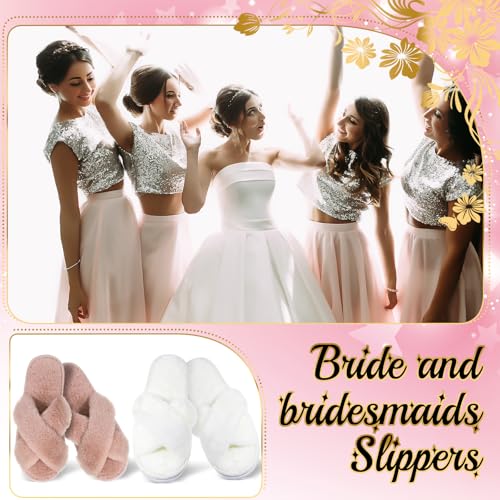 Image of JenPen 7 Pairs Bridesmaids Slippers Women's Cross Band Fuzzy Bachelorette Party Slippers for Wedding Bridal Party