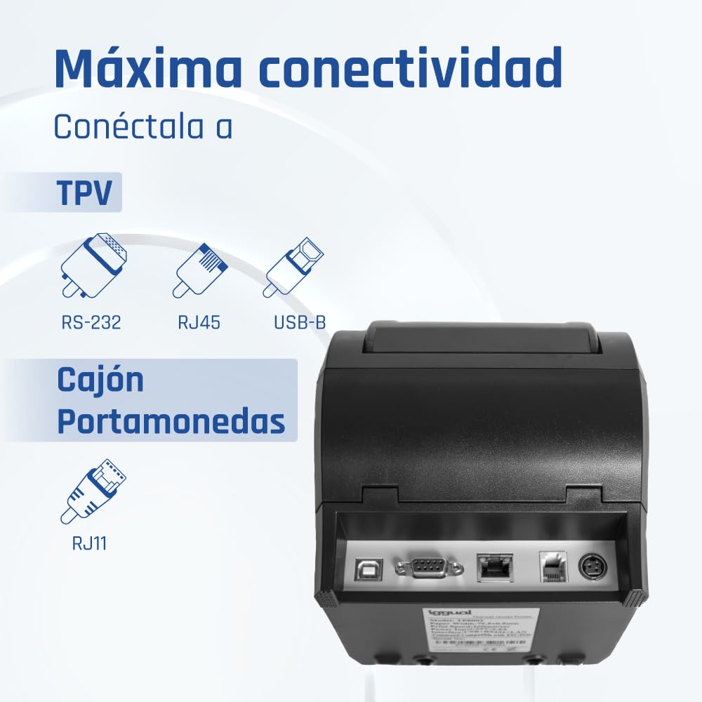 iggual Impresora Térmica de Tickets y Recibos TP8002 para TPV Y POS -Impresión 260mm/s. - Conexiones USB+RS-232+RJ45+RJ11.- Compatible :Windows, Android e iOS.- Emulación ESC/POS.- Rollos 57-80mm.