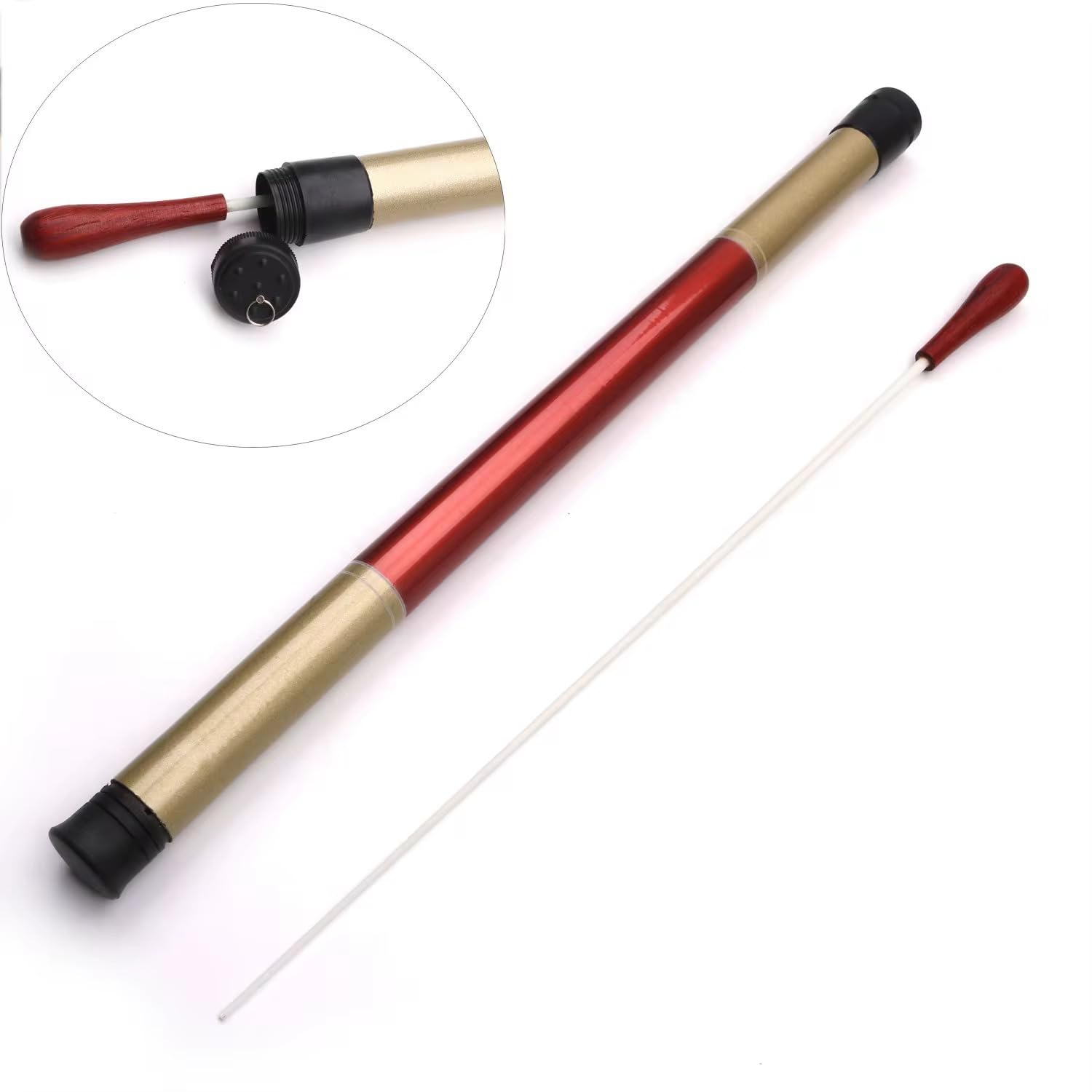 Professional Baton Case with Wooden Handle, Red and Gold, Detachable Storage Design