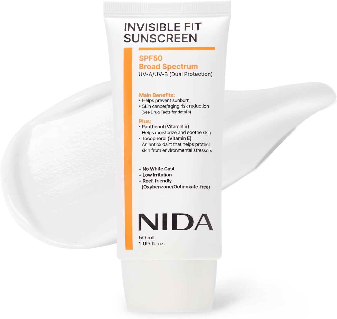 NIDA Invisible Fit Sunscreen SPF 50 Broad Spectrum UV-A/UV-B Protection | No White Cast, Low Irritation, Hydrating Lotion-like Lightweight Glow Sunscreen for All Skin Types | 1.69 fl. oz., 50ml