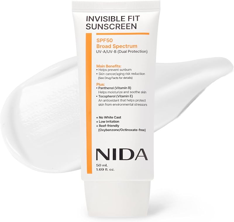 NIDA Invisible Fit Sunscreen SPF 50 Broad Spectrum UV-A/UV-B Protection | No White Cast, Low Irritation, Hydrating Lotion-like Lightweight Glow Sunscreen for All Skin Types | 1.69 fl. oz., 50ml