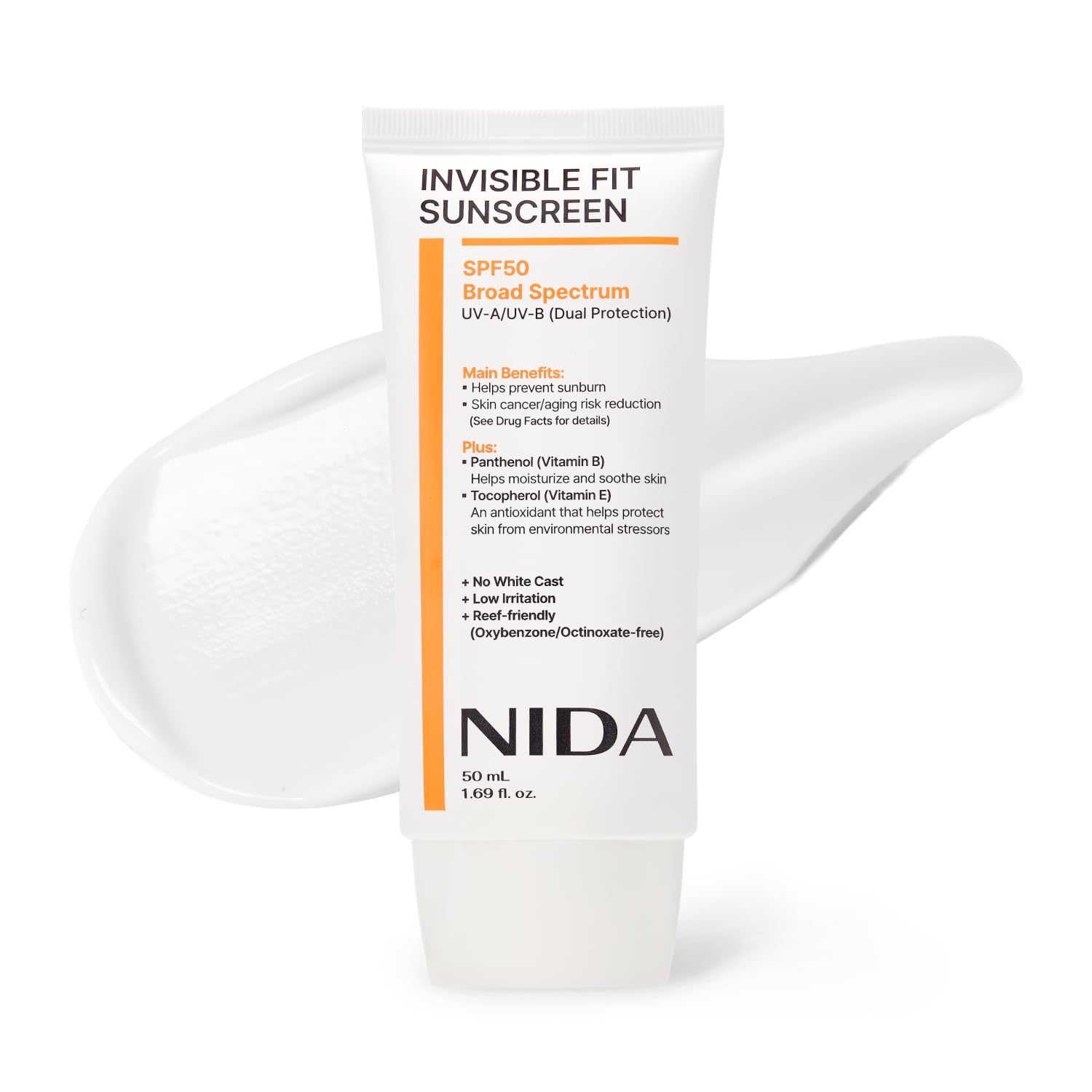 NIDA Invisible Fit Sunscreen | SPF 50 Broad Spectrum UV-A/UV-B Dual Protection | No White Cast, Low Irritation, Hydrating Lotion-like Lightweight Glow Sunscreen for All Skin Types | 1.69 fl. oz., 50ml