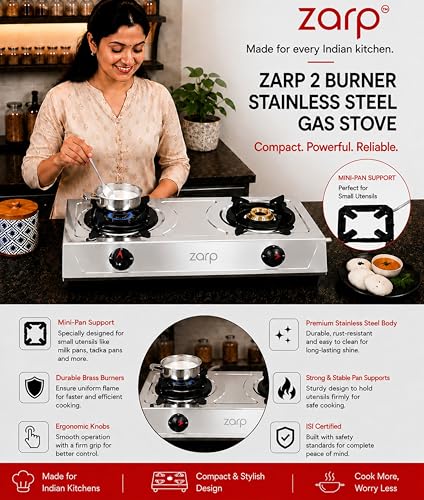 Image of ZARP 2 Burner Stainless Steel Gas Stove | ISI Certified Manual Ignition LPG Stove | Brass Burners with Pan Support | Durable Steel Body for Indian Kitchens | LPG gas chulha | 635x345 mm