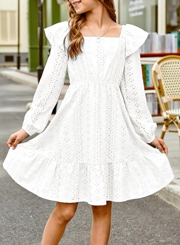 Girls Eyelet Cotton Dresses 2025 Ruffle Casual Puff Long Sleeve A-line Dress for 6-13 Years3