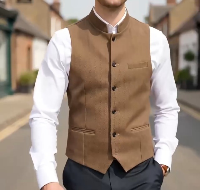 Tuikayoo Mens Herringbone Wool Vests Suit Business Tweed High
