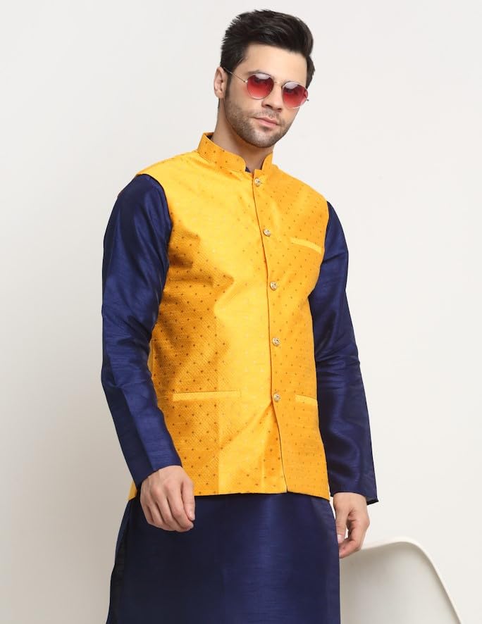 Image of KRAFT INDIA Polka Dot Silk Nehru Jacket Only in Yellow Color S, Ethnic Traditional Wear