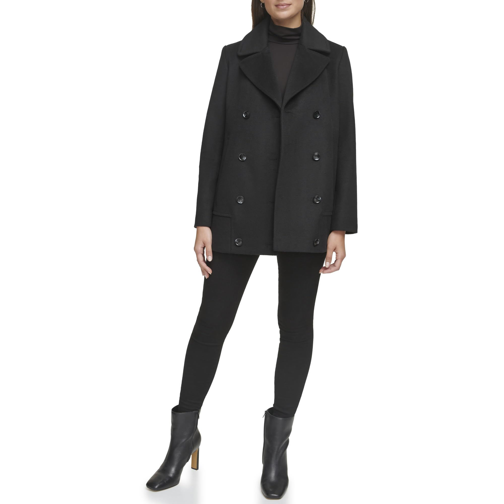 Kenneth Cole Women's Double Breast Notch Collar Button Details Wool Coat