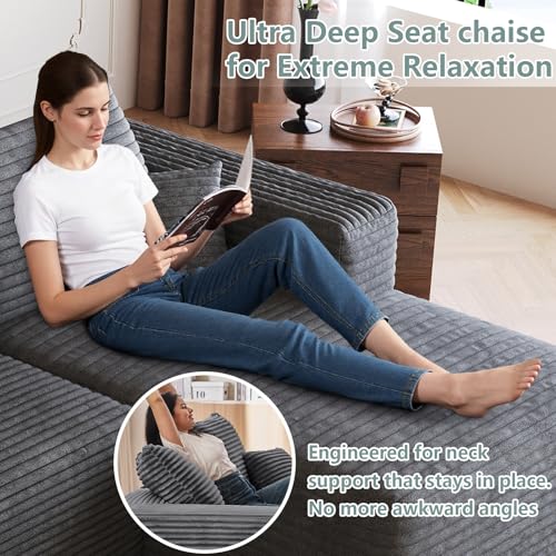 Image of 95 inch Modular Sectional Sofa, Modern Corduroy Cloud Couch with Side Pockets, Boneless Couch Upholstered 3-Seater L-Shaped Sofa for Living Room, No Assembly Required (Dark Gray,Right-Facing Chaise)