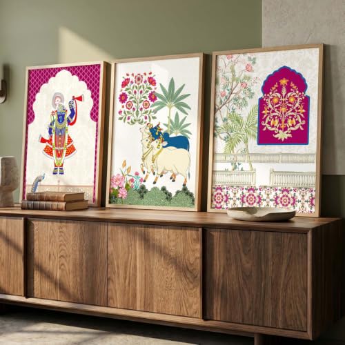 Image of kotart Indian Traditional Madhubani Wall Art Painting With Frame | Paintings Home Decoration For Living Room Bed Room Hotel Wall Decor Digital Reprint Set of 3 (10X13 inch)