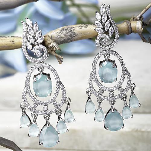 Image of ZENEME Rhodium-Plated American Diamond Studded Oval & Leaf Shaped Drop Earrings For Girls and Women