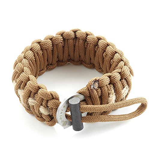 X-Plore Gear Survival Paracord 550 Bracelet with Fire Starter, Tinder, Scraper | Durable Parachute Nylon Snug Fit | Build Shelter, Catch Food | for Emergencies, Traveling (Brown)