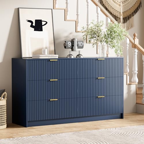 Image of Furniway Navy Blue Dresser for Bedroom, Modern Dresser with 6 Drawers and Smooth Slides, Wide Chest of Drawers with Golden Handles for Bedroom, Living Room, Closet, 15.7 inch D x 55.1 inch W x 31.4 inch H