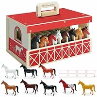 SIMPLIPLAY Wooden Horse Stable Playset, 8pcs Horse Toys with Take-along Horse Stable and Name Sticker, Farm Animals Toys for Kids 3-5, Toy Horses for Girls 6-12, Gift for Boys Girls Birthday Christmas