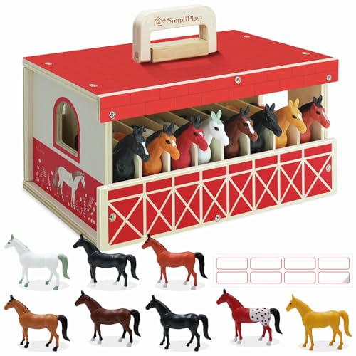 SIMPLIPLAY Wooden Horse Stable Playset 8pcs Horse Toys with Take-along Horse Stable and Name Sticker Farm Animals Toys for Kids 3-5 Toy Horses for Girls 6-12 Gift for Boys Girls Birthday Christmas