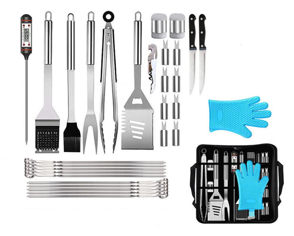Set di strumenti per barbecue da 32 pezzi, accessori per grigliate in acciaio con custodia, grembiule portaoggetti, tappetini per griglia, termometro per campeggio barbecue in giardino, regali per uom