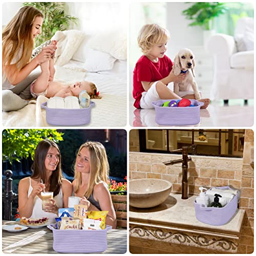 Image of XUANGUO Medium Woven Cotton Rope Storage Basket with Handles, Light Purple | Small decorative rectangle storage bin for baby nursery items and cat toys; ideal as an empty gift basket or dog toy basket