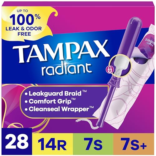 Image of Tampax Radiant Tampons for Women Multipack, with LeakGuard Braid, Regular /Super /Super Plus Absorbency, Unscented, 28 Count, Packaging May Vary