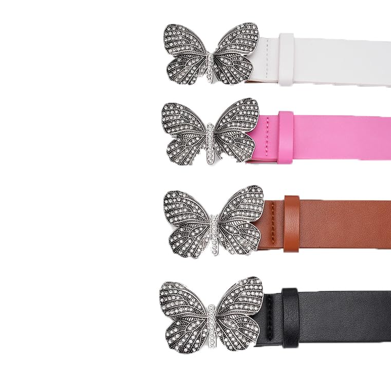 Women's Faux Leather Belt, Waist Belt With Butterfly Rhinestone Buckle3
