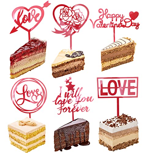 6 Pcs Red Happy Valentine's Day Cake Topper Love Heart Shape Cake Decoration Red Rose Flower Cake Toppers For Valentines Day Decorations,Romantic Decorations Special Night,Anniversary Decorations #TOP2