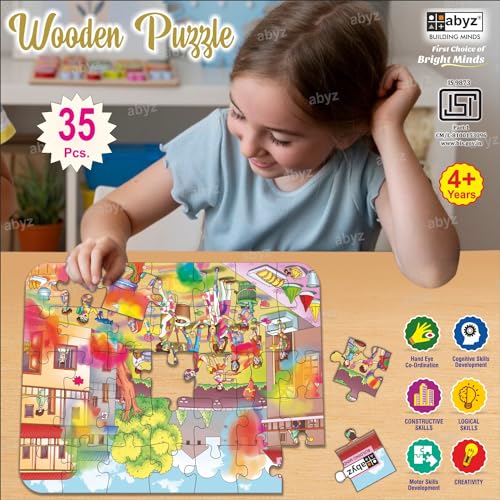 Image of ABYZ Wooden Jigsaw Puzzle - Holi Playset for Fun Educational & Little Explorers, 36-Pieces Fun Games with Multicolor | Birthday Gift for (4-6 Years) Age Kids.