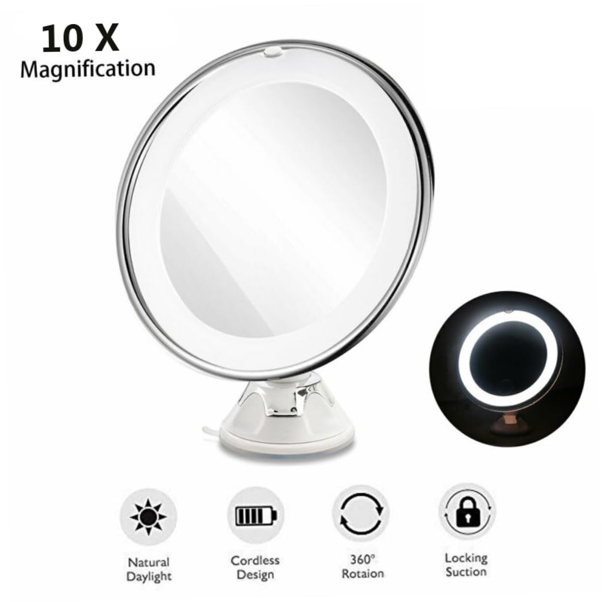 Espejo de Maquillaje Redondo con Aumento Luz LED Integrada Ventosa Fuerte para Baño y Tocador Espejo Portátil con Succión Segura