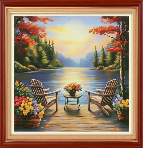Image of Foxhool Stamped Cross Stitch Kits,11CT Printed Cross Stitch Pattern Full Embroidery Kits for Beginner Needlepoint Kits&Resting Scenery by the Lake 18x18 inch