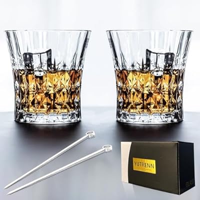 yutrenn Whiskey Glasses Cups Sets of 2 Cocktail Glasses with Luxury Box, 8.5 oz Old Fashion Glass Cup Set for Scotch Rum Cognac Vodka Liquor, Drinking Gift for Men (2 Glasses Cup & 2 Metal Pick)