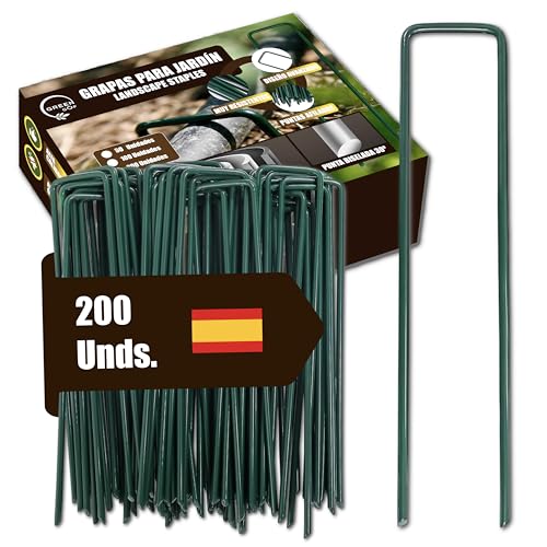 GREENGOF Grapas Verdes para Cesped Artificial, Malla Antihierba y Jardin, 200Unds - Acero Galvanizado, 15x4cm, Ø3mm - Ultra Resistentes y Anticorrosivas - Piquetas de Jardín, Anclaje al Suelo.